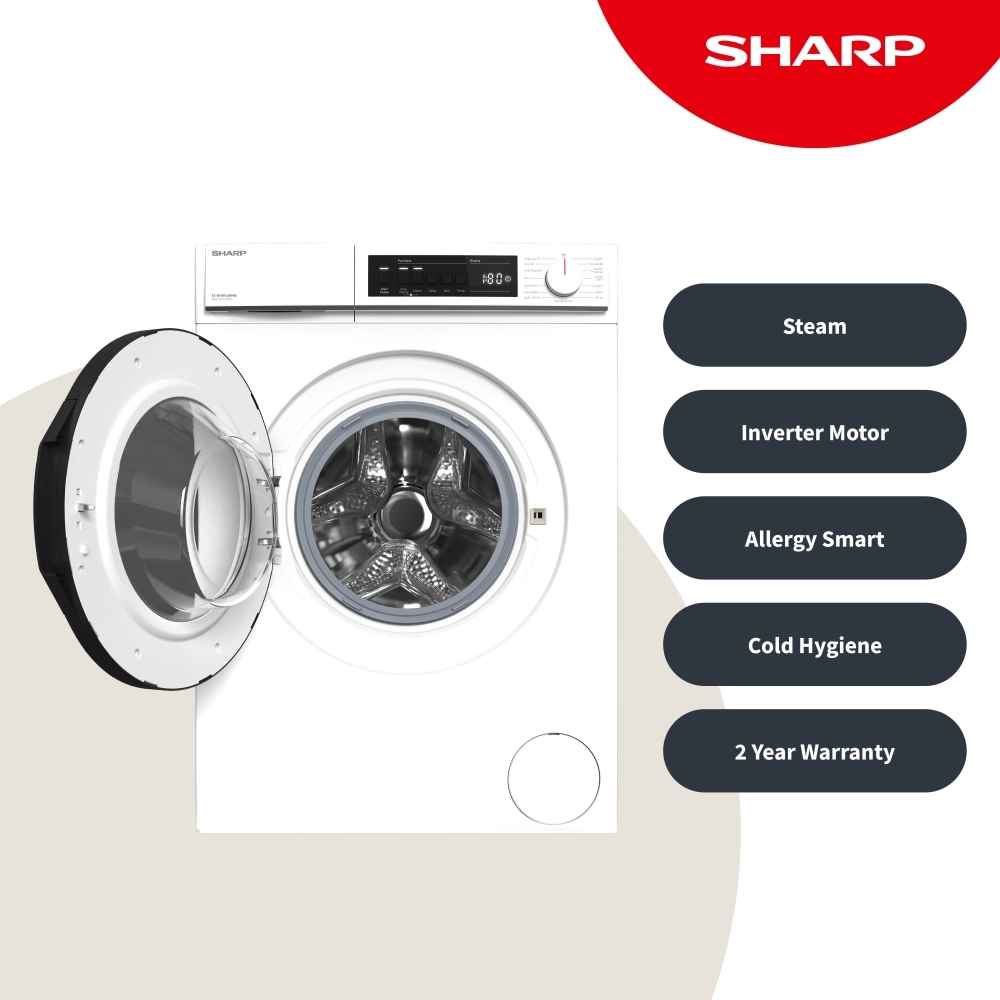 Sharp ES-NFB814BWNA-EN Washing Machine, 8kg, 1400 Spin, White, A Rated