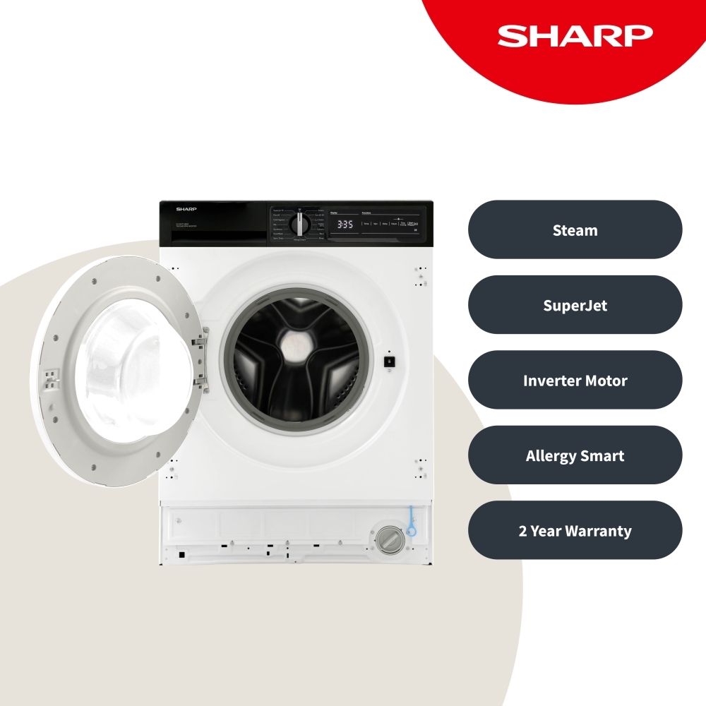 Sharp ES-NIH714BWA-EN Integrated Washing Machine, 7kg, 1400 Spin, White, A Rated