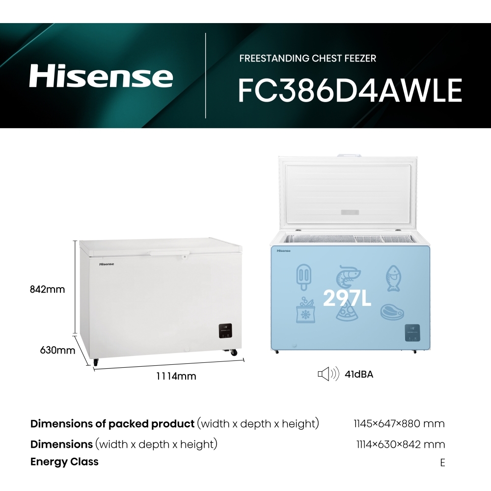 Hisense FC386D4AWLE Static 297l Chest Freezer, White, E Rated
