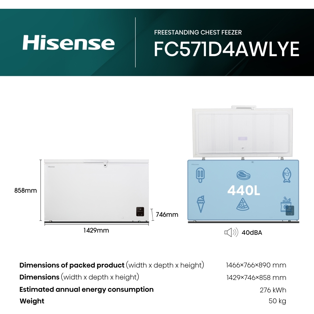Hisense FC571D4AWLYE Static 440l Chest Freezer, White, E Rated