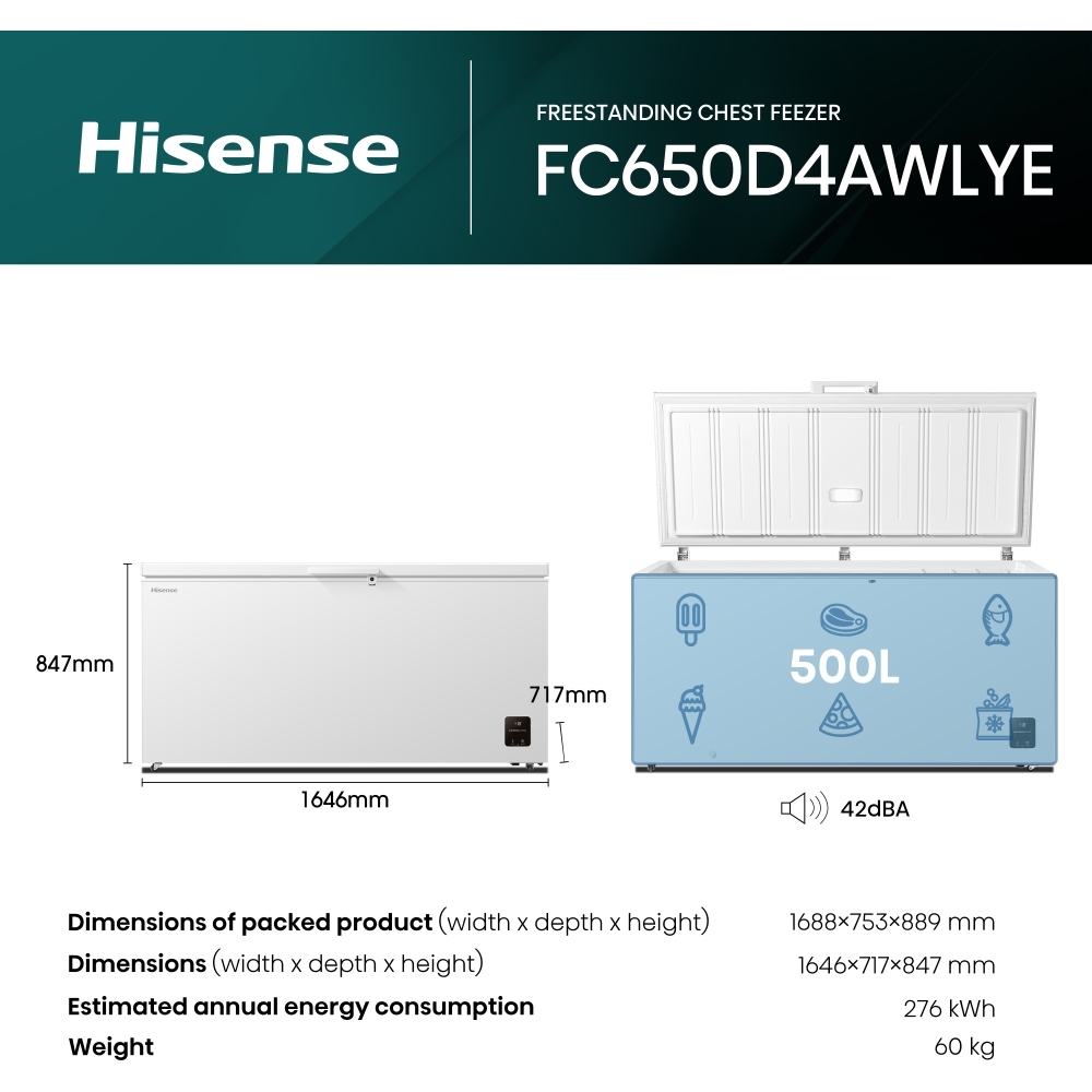Hisense FC650D4AWLYE Static 500l Chest Freezer, White, E Rated