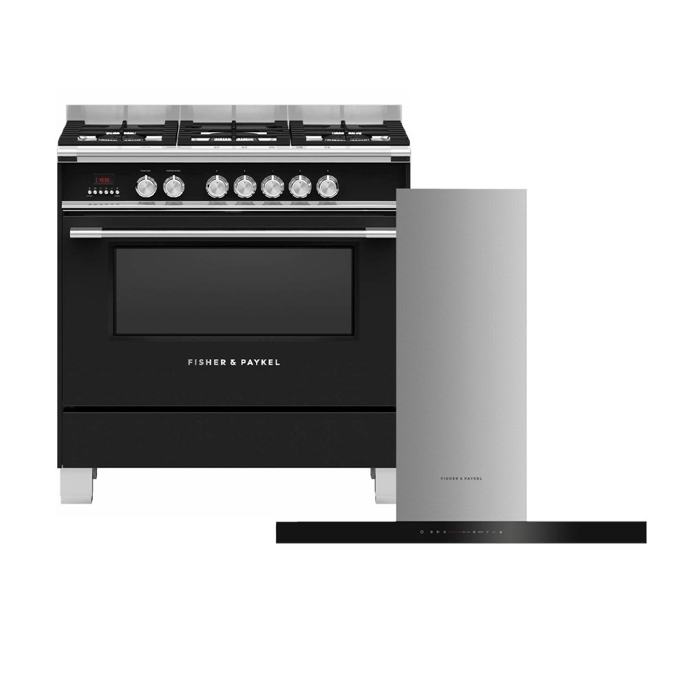 Fisher & Paykel Dual Fuel Range Cooker & Hood Pack, Black, A Rated