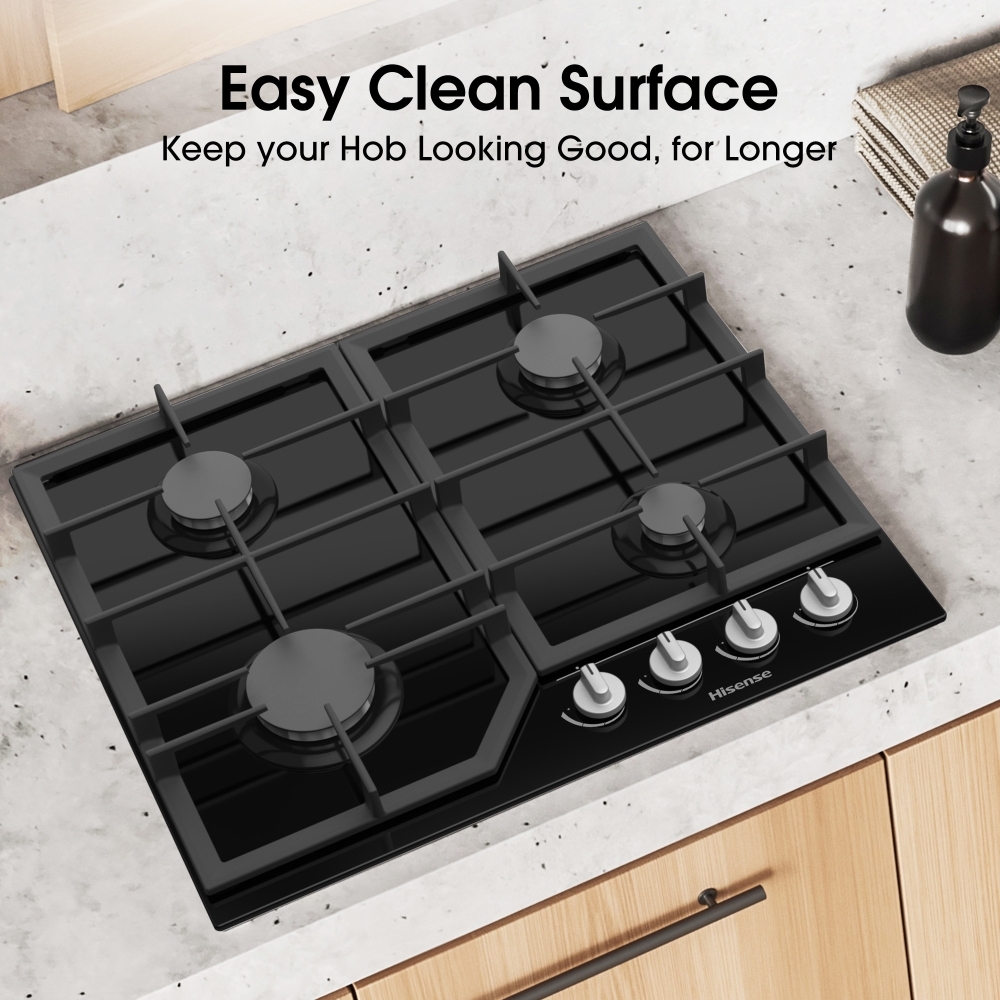 Hisense GG643B 60cm 4 Burner Gas Hob, Black on Glass Marks Electrical