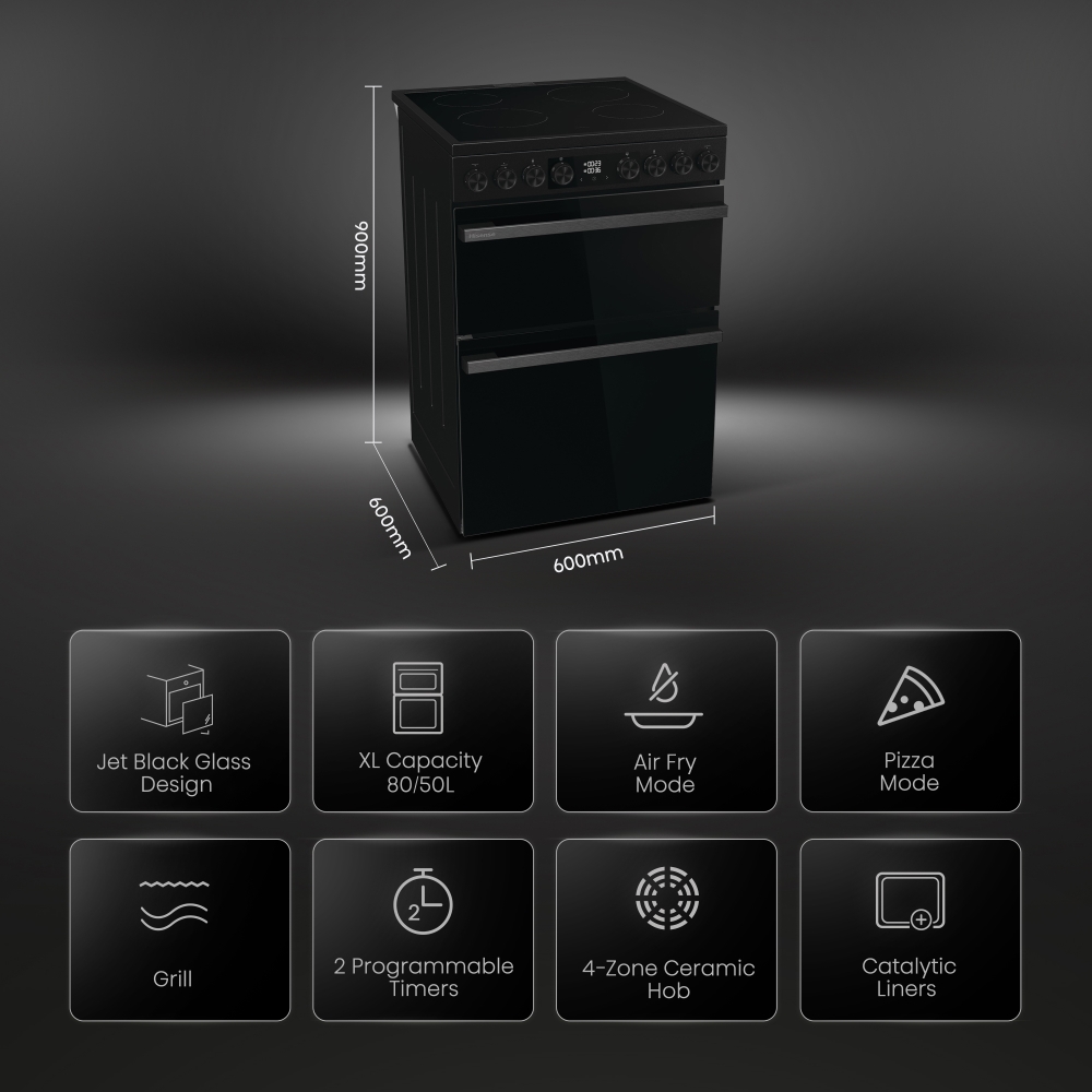 Hisense HDCEC6C20B Ceramic Electric Cooker with Double Oven, Black, A Rated