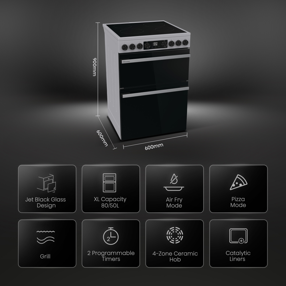 Hisense HDCEC6C20X Ceramic Electric Cooker with Double Oven, Stainless Steel, A Rated