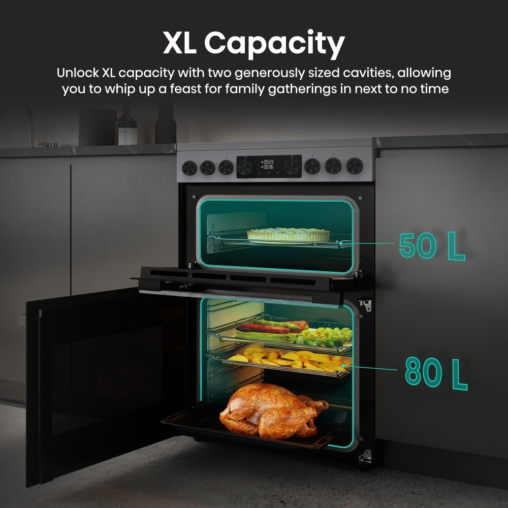 Hisense HDCEC6C20X Ceramic Electric Cooker with Double Oven, Stainless Steel, A Rated