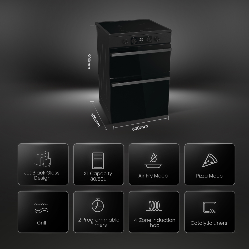Hisense HDCEIT6C20B Induction Electric Cooker with Double Oven, Black, A Rated