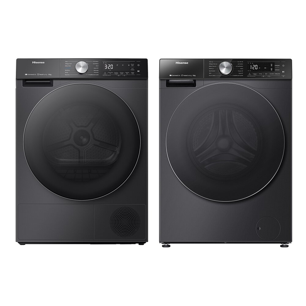 Hisense Washing Machine and Heat Pump Tumble Dryer Pack, 12kg, 1400 Spin, Black, A Rated