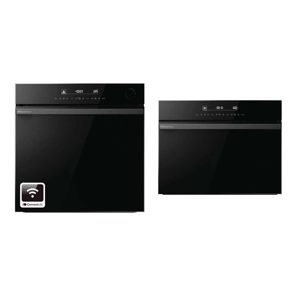 Hisense Built-In Electric Single Oven and Compact Oven with Microwave Function Pack with Pyrolytic Cleaning, Black, A+ Rated