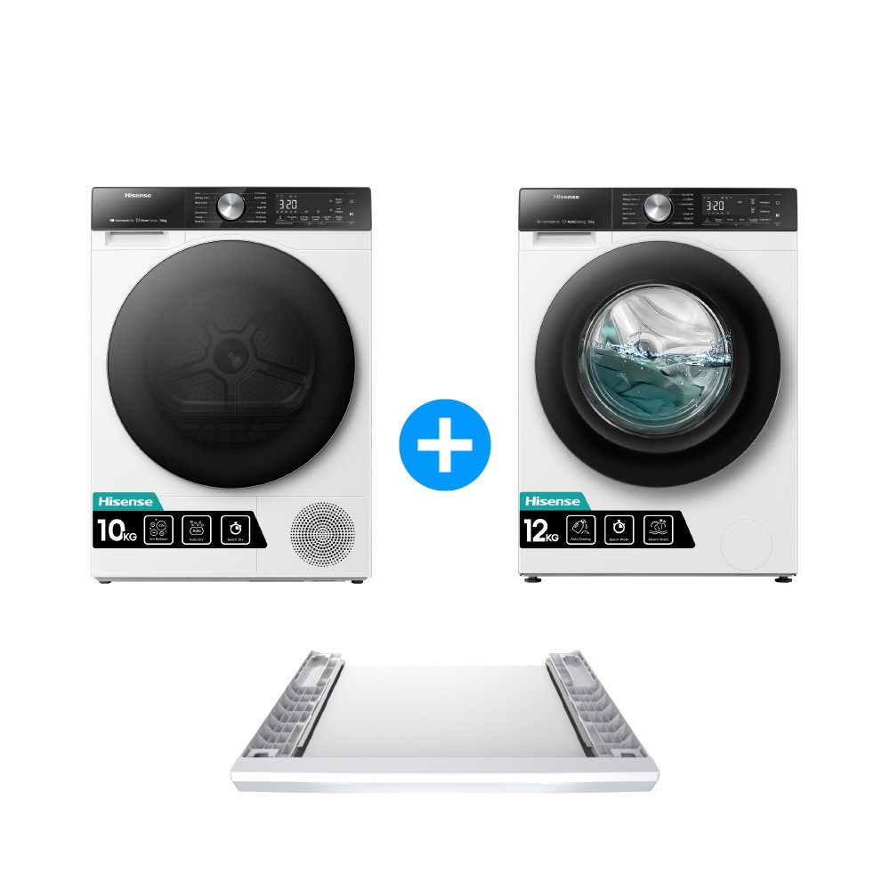 Hisense Heat Pump Tumble Dryer, Washing Machine and Stacking Kit Pack