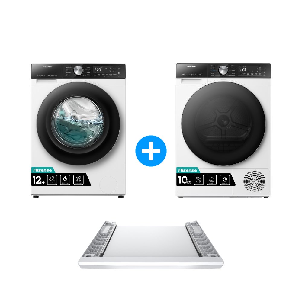 Hisense Washing Machine, Heat Pump Tumble Dryer and Stacking Kit Pack