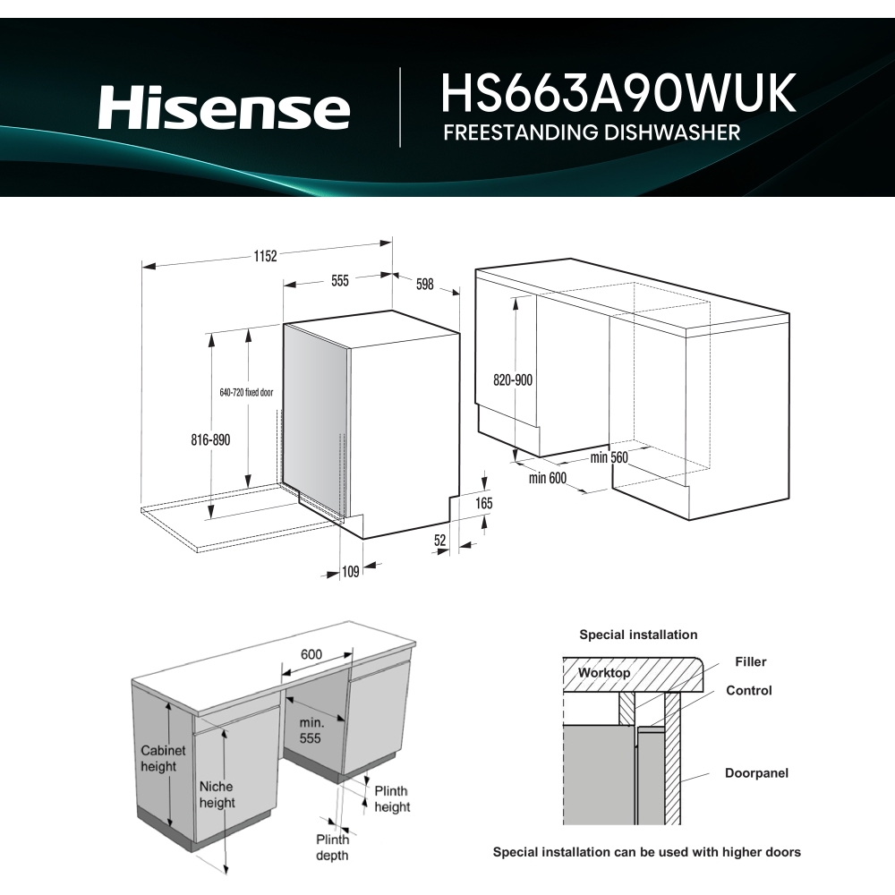 Hisense HS663A90WUK Dishwasher, 16 Place Settings, White, A Rated