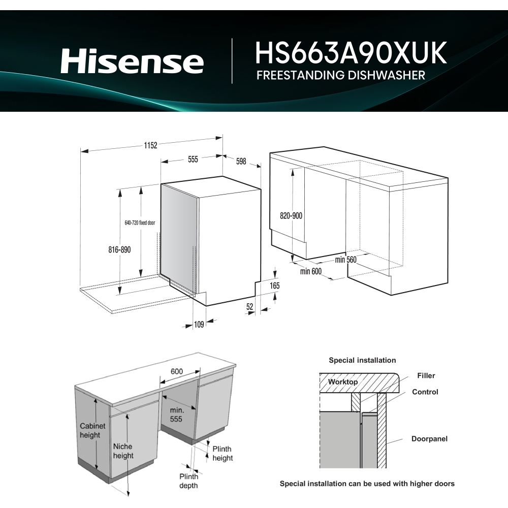 Hisense HS663A90XUK Dishwasher, 16 Place Settings, Stainless Steel, A Rated