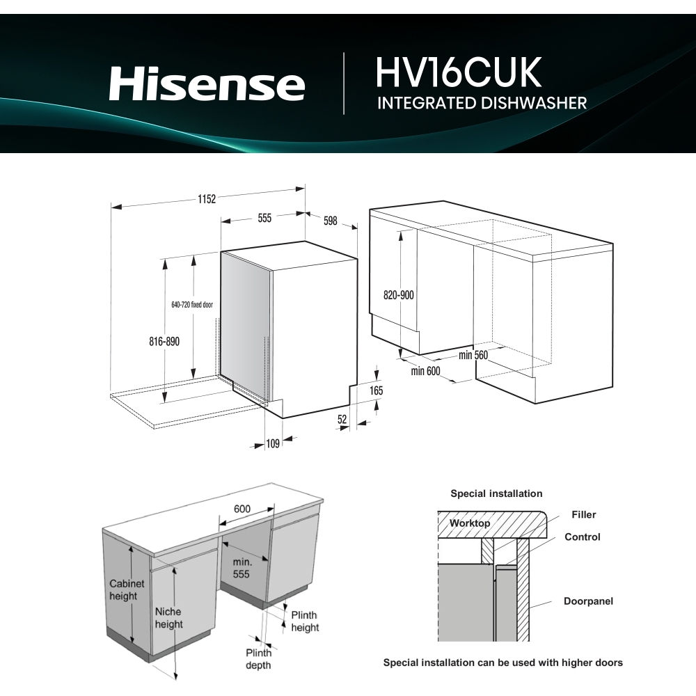 Hisense HV16CUK Fully Integrated Dishwasher, 16 Place Settings, C Rated