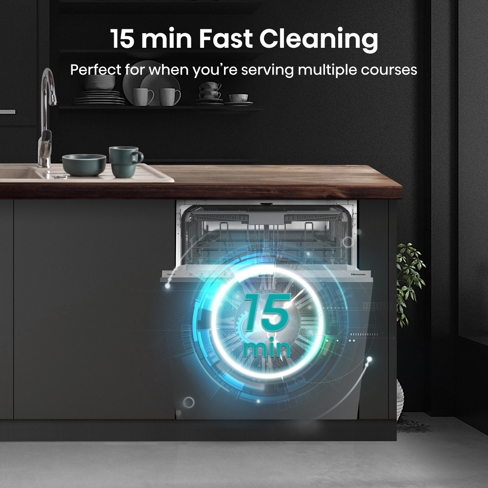 Hisense HV643D90UK Fully Integrated Dishwasher, 16 Place Settings, D Rated