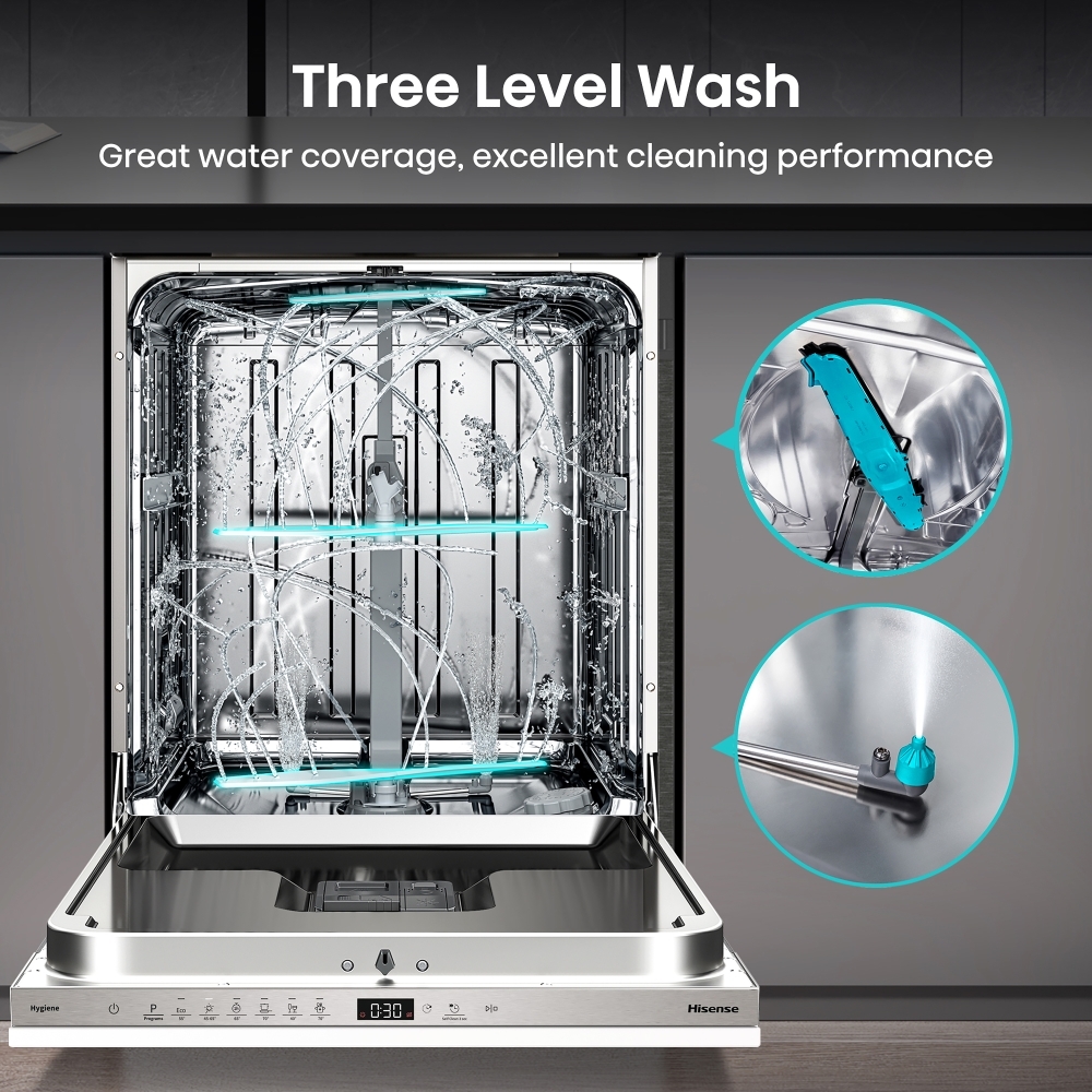 Hisense HV643D90UK Fully Integrated Dishwasher, 16 Place Settings, D Rated