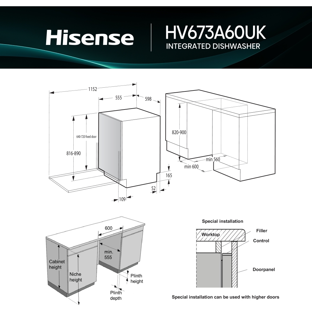 Hisense HV673A60UK Fully Integrated Dishwasher, 16 Place Settings, A Rated