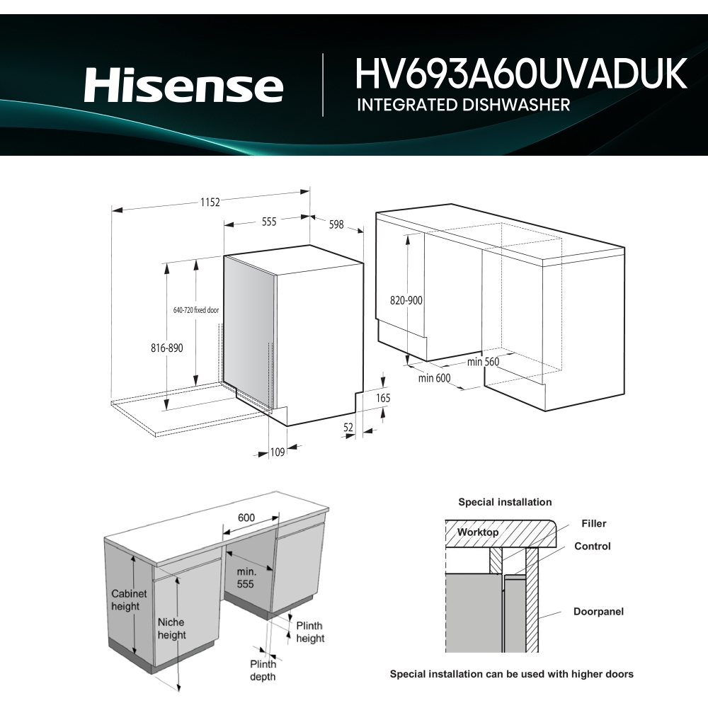 Hisense HV693A60UVADUK Fully Integrated Dishwasher, 16 Place Settings, A Rated