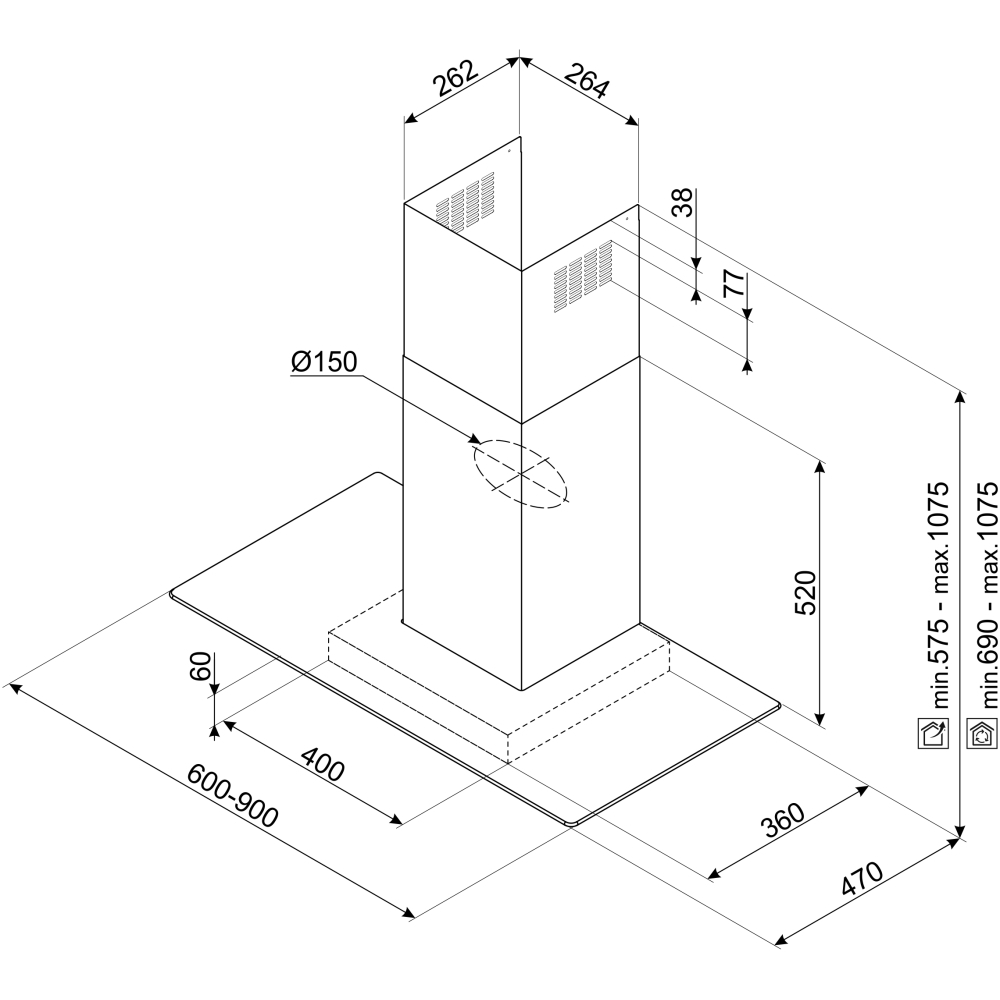 Smeg KBT600VE 60cm Chimney Cooker Hood, Stainless Steel, B Rated
