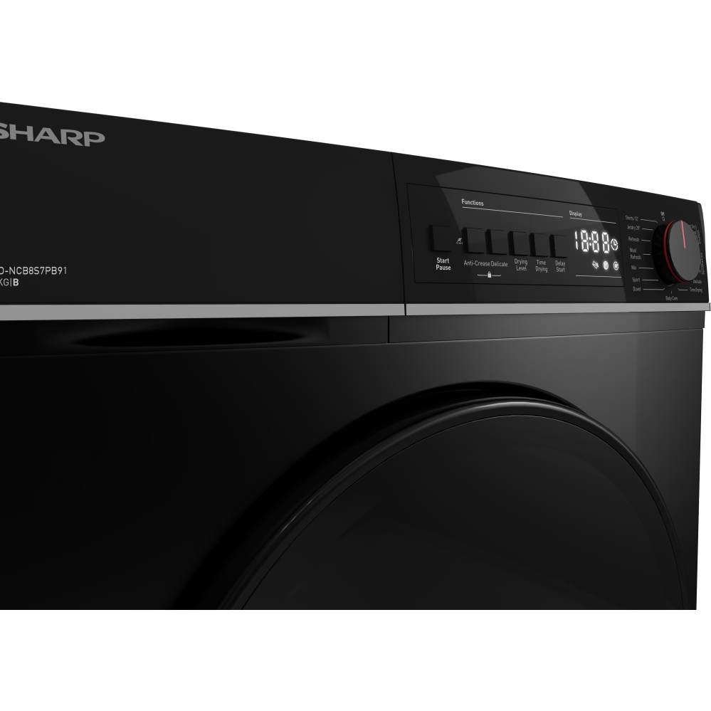 Sharp KDNCB8S7PB91EN Condenser Tumble Dryer, 8kg, Black, B Rated