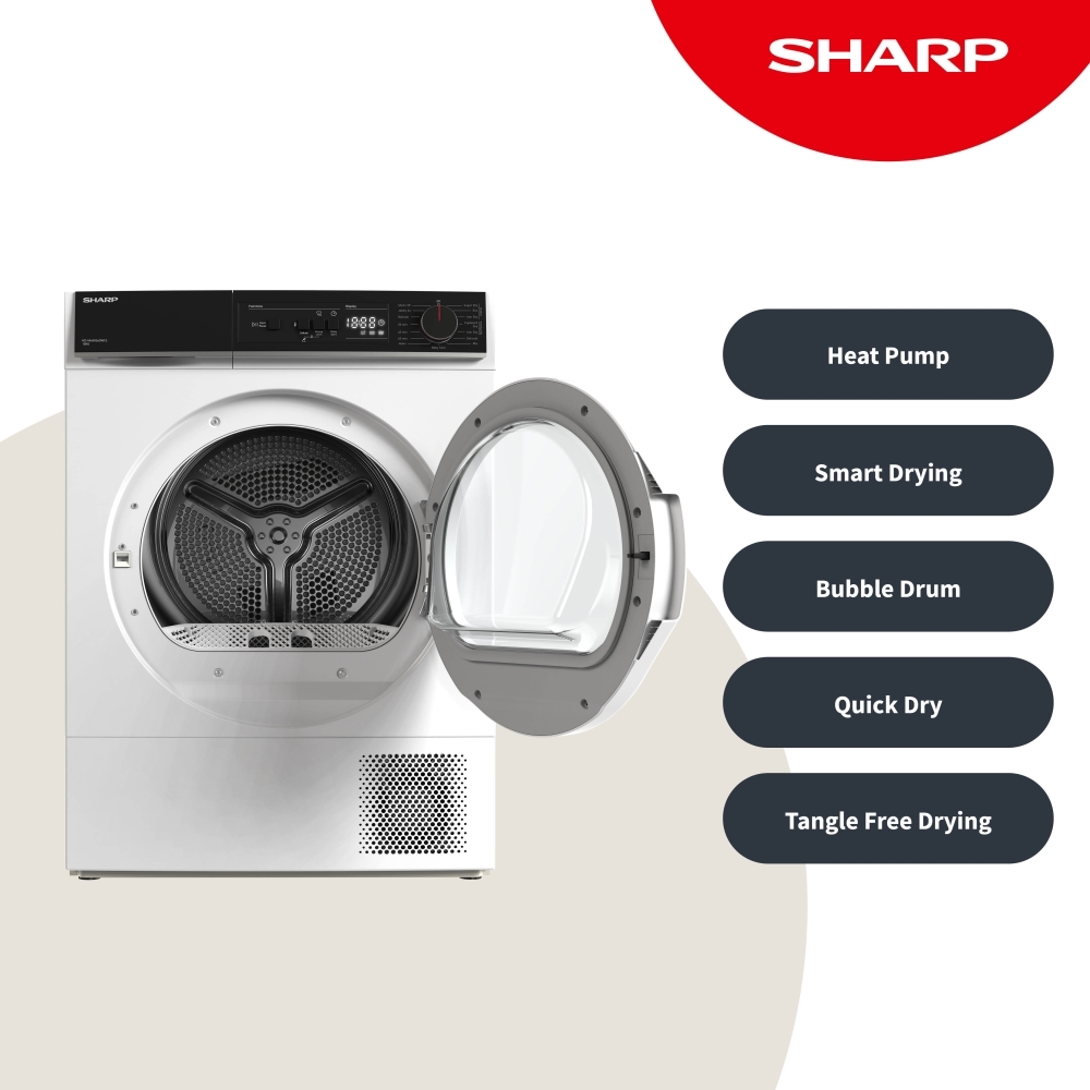 Sharp KD-NHA0S6GW1D-EN Heat Pump Tumble Dryer, 10kg, White