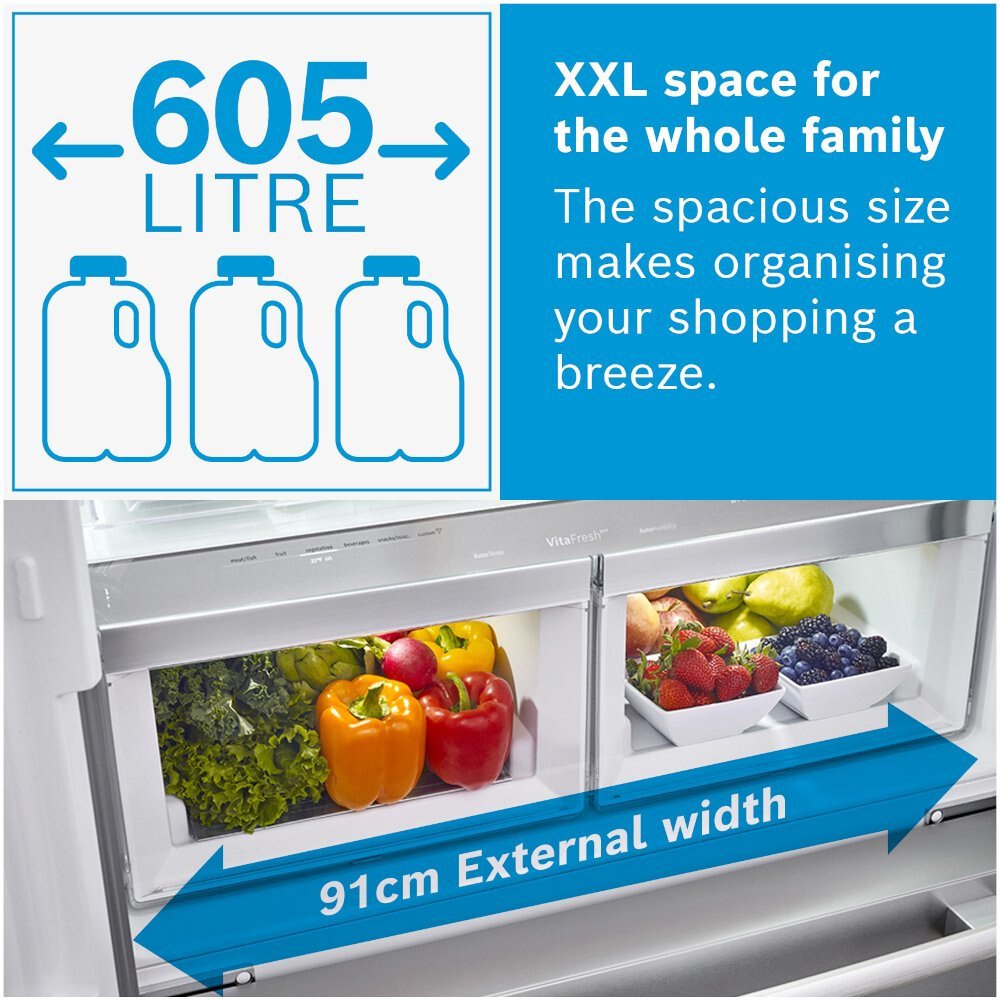 Bosch KFN96APEAG Series 4 American Fridge Freezer,  Non-Plumbed, Stainless Steel, E Rated