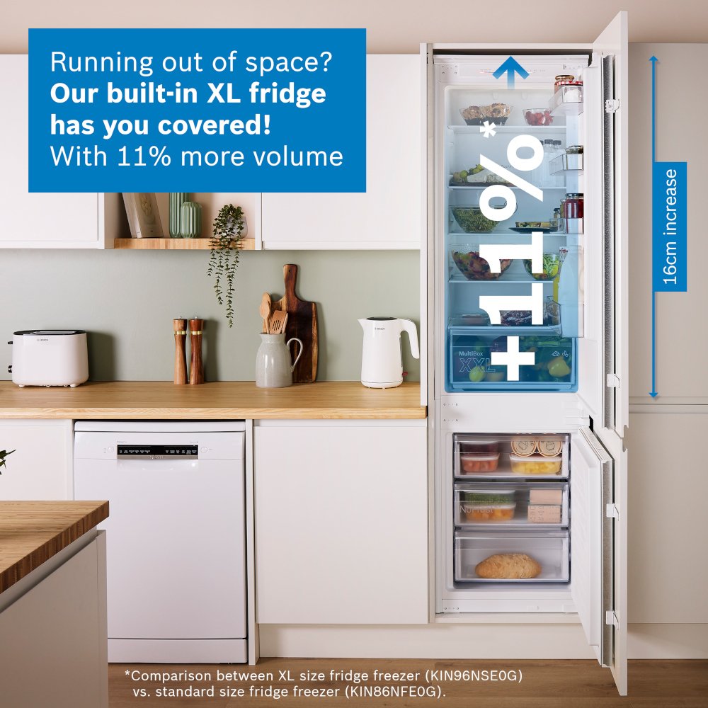 Bosch KIN96NSE0G Series 2 No Frost Integrated Fridge Freezer, Sliding Hinge, 70/30, White, E Rated