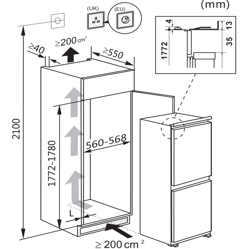 Fridgemaster MBC55224FE Frost Free Integrated Fridge Freezer, Sliding Hinge, 50/50, White, E Rated