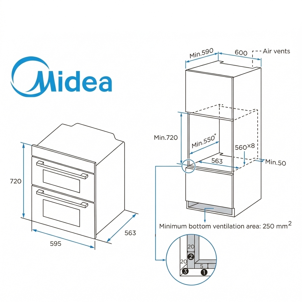 Midea MBOD50M3AD0-BK Built-Under Electric Double Oven, Black, A Rated