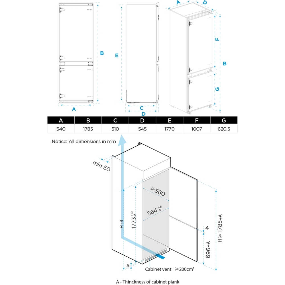 Midea MDRE353FGE01D Total No Frost Integrated Fridge Freezer, Sliding Hinge, 70/30, E Rated
