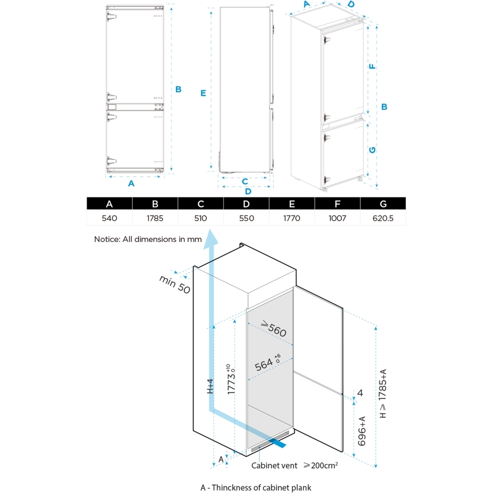 Midea MDRE379FGE01D Total No Frost Integrated Fridge Freezer, Sliding Hinge, 70/30, E Rated