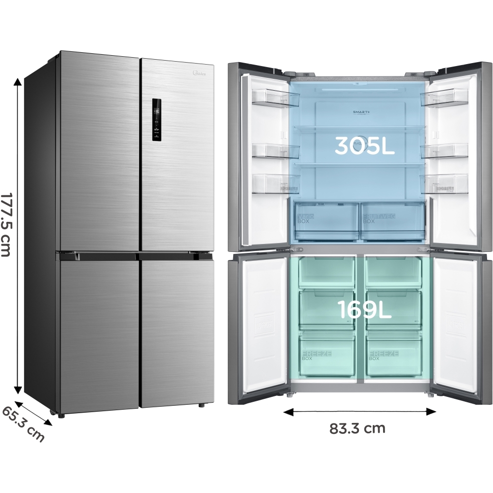 Midea MDRF632FIE46 American Fridge Freezer,  Non-Plumbed, Stainless Steel, E Rated