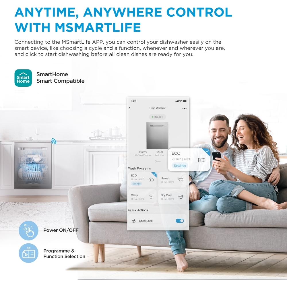 Midea MDWEF1433GB-WG-UK Dishwasher, 14 Place Settings, Grey, A Rated