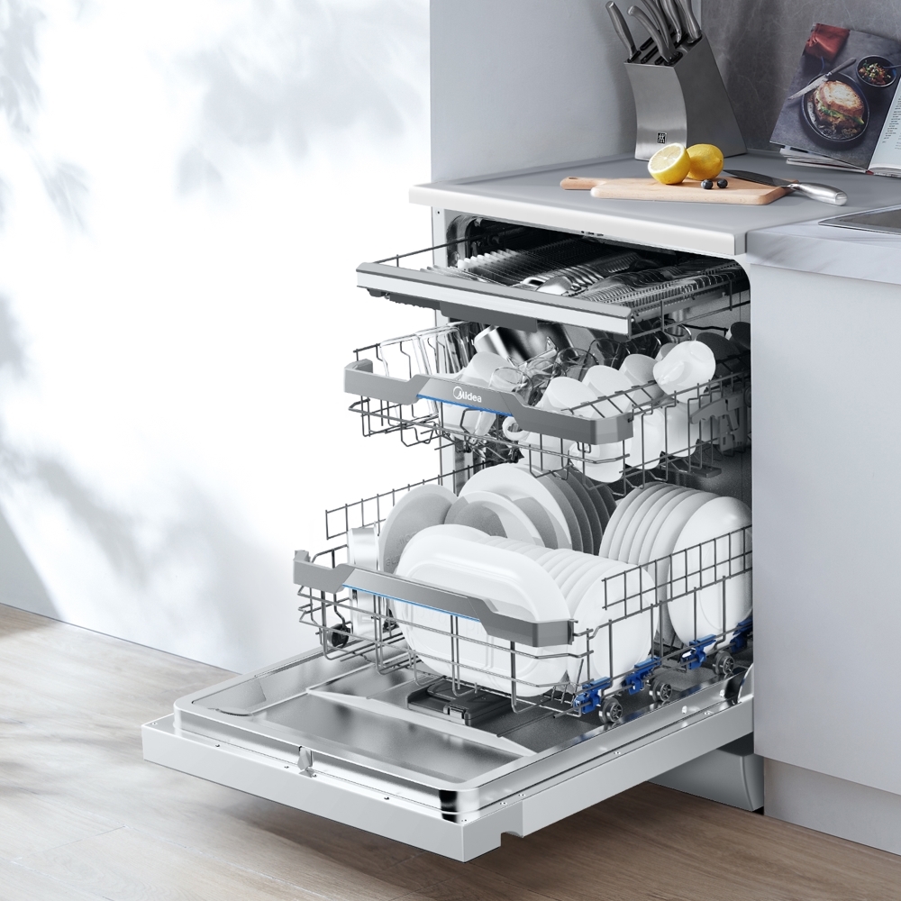 Midea MDWEF1433G(SS)-WG-UK Dishwasher, 14 Place Settings, Stainless Steel, B Rated