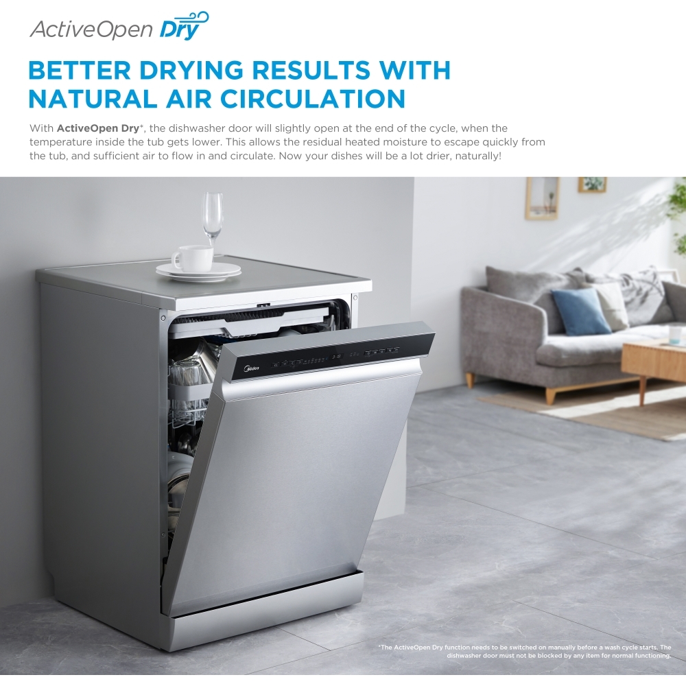 Midea MDWEF1433G(SS)-WG-UK Dishwasher, 14 Place Settings, Stainless Steel, B Rated