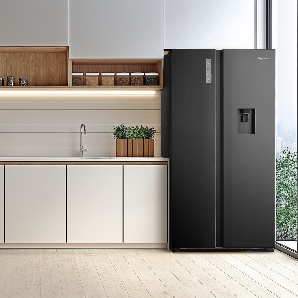 Fridgemaster MS91520EB American Fridge Freezer, Black, E Rated,  Non-Plumbed