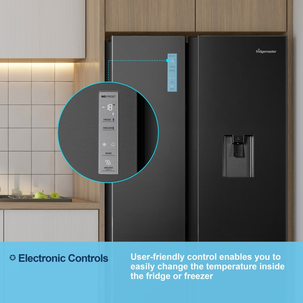 Fridgemaster MS91520EB American Fridge Freezer, Black, E Rated,  Non-Plumbed