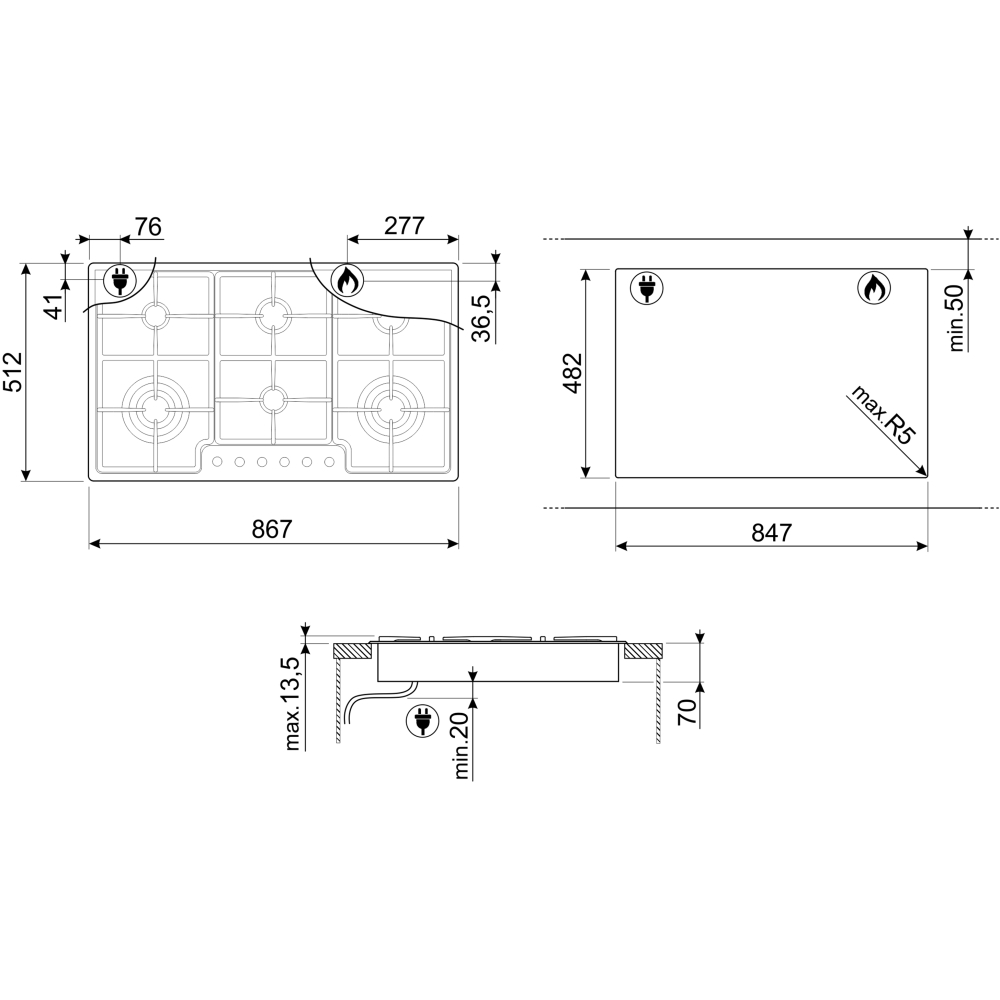 Smeg PGF962 Classic 87cm 6 Burner Gas Hob, Stainless Steel