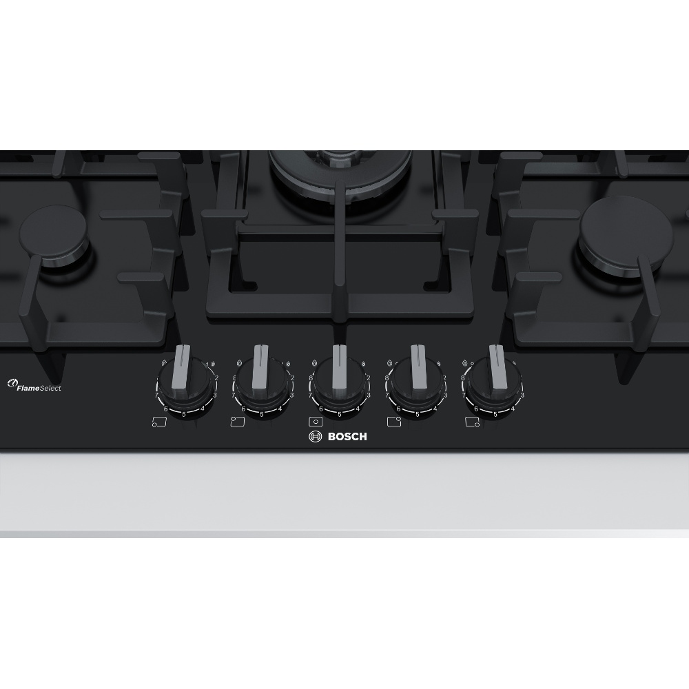 Bosch PPQ7A6B90 Series 6 75cm 5 Burner Gas Hob, Black on Glass Marks