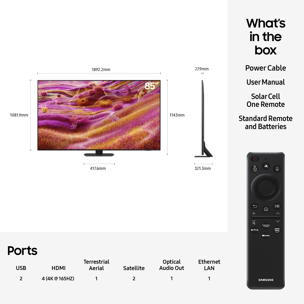 Samsung QE85QN90FATXXU 85" Neo QLED Smart Television, 4K Ultra HD, Black, E Rated