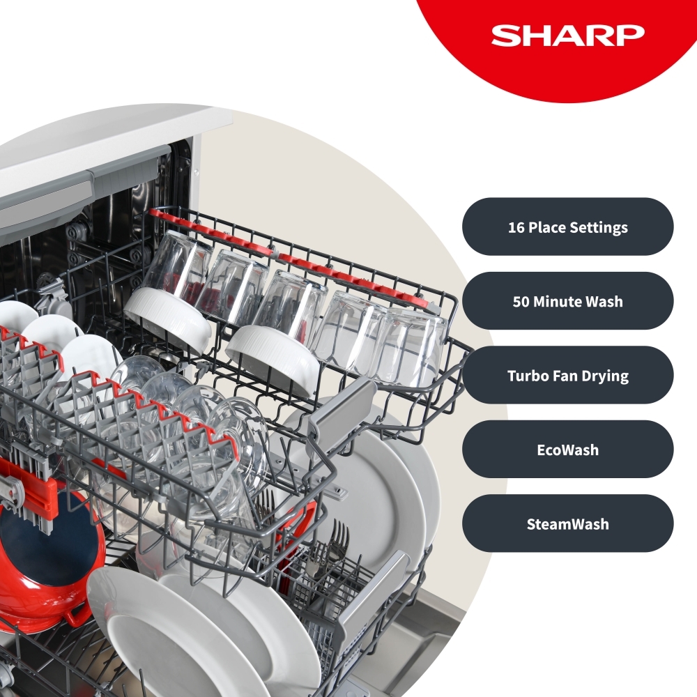 Sharp QW-NA1FF45D6W-EN Dishwasher, 16 Place Settings, White, D Rated