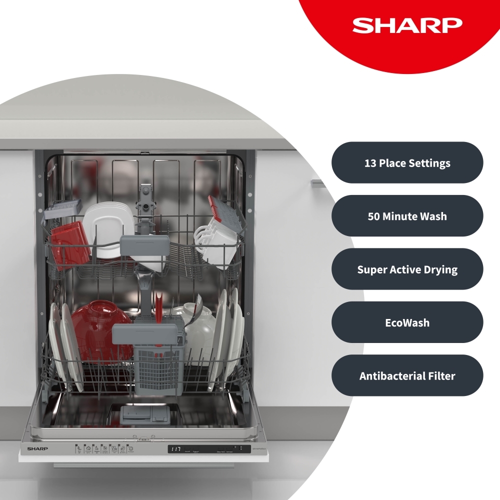 Sharp QW-NI15I49D3X-EN Fully Integrated Dishwasher, 13 Place Settings, D Rated