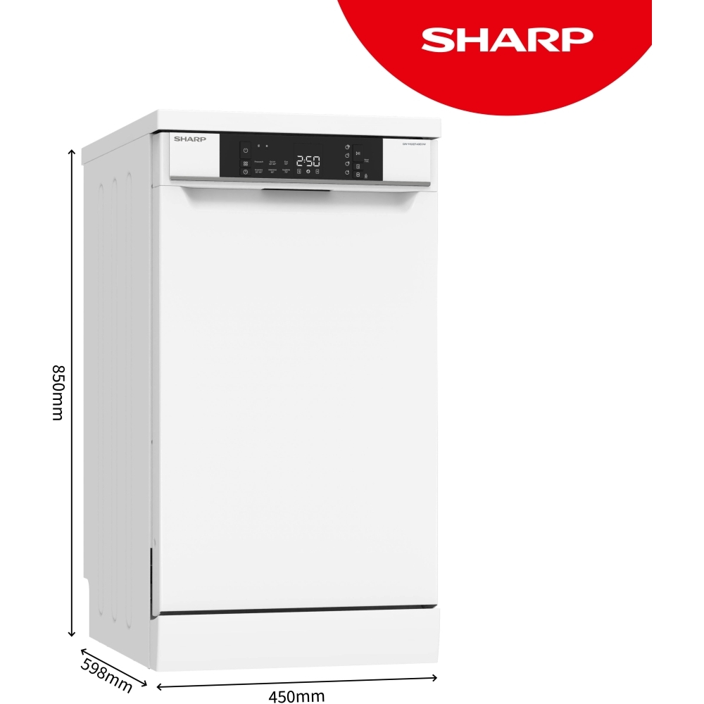 Sharp QW-NS1EF49E0W-EN Slimline Dishwasher, 10 Place Settings, White, E Rated
