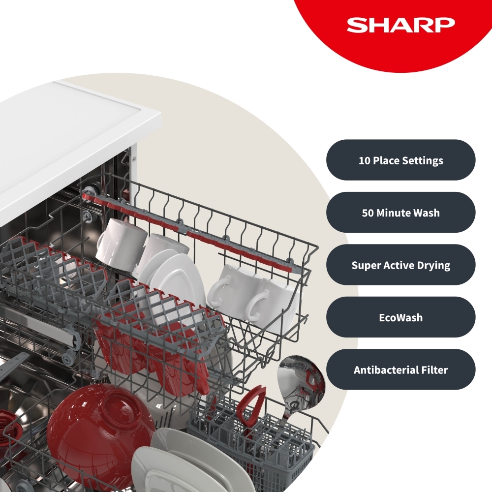 Sharp QW-NS1EF49E0W-EN Slimline Dishwasher, 10 Place Settings, White, E Rated