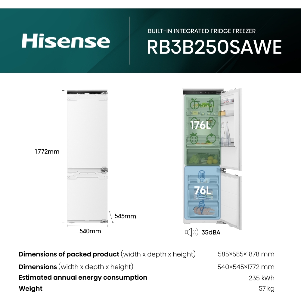 Hisense RB3B250SAWE Total No Frost Integrated Fridge Freezer, Fixed Hinge, 70/30, White, E Rated