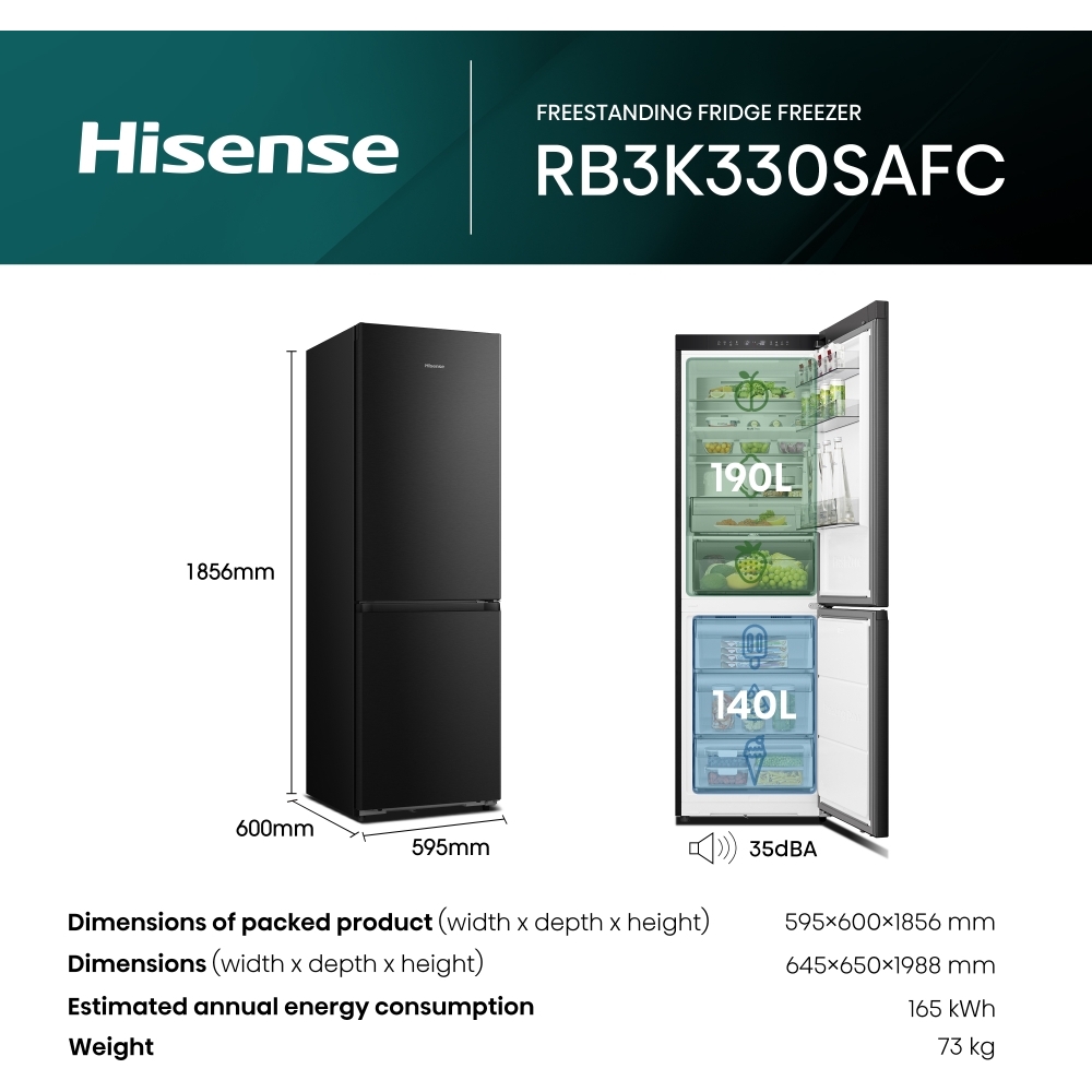 Hisense RB3K330SAFC Hi3 Total No Frost Fridge Freezer, 60/40, Black, C Rated