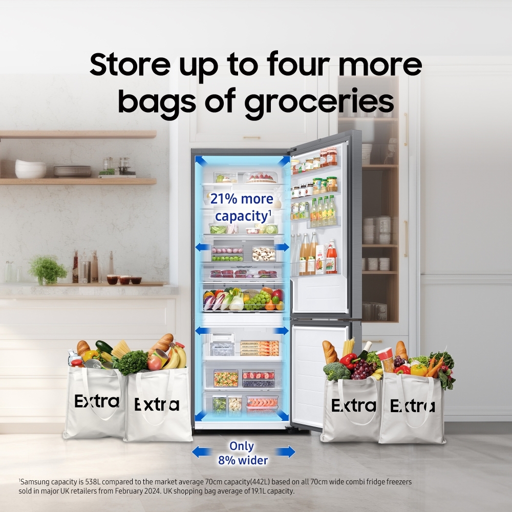 Samsung RB53DG703ES9 Series 8 SpaceMax Total No Frost Smart Combi Fridge Freezer, Refined Inox, 70/30, Silver, E Rated