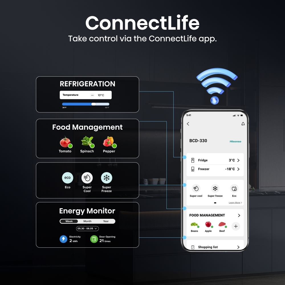 Hisense RB5K330GSFC KitchenFit Eclipse Total No Frost Wi-Fi Connected Fridge Freezer, Black Stainless, 60/40, C Rated