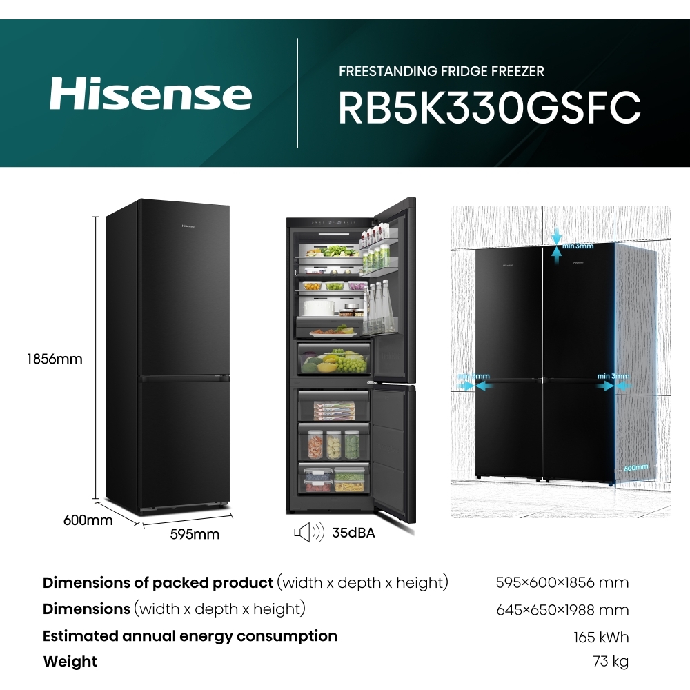 Hisense RB5K330GSFC KitchenFit Eclipse Total No Frost Wi-Fi Connected Fridge Freezer, Black Stainless, 60/40, C Rated