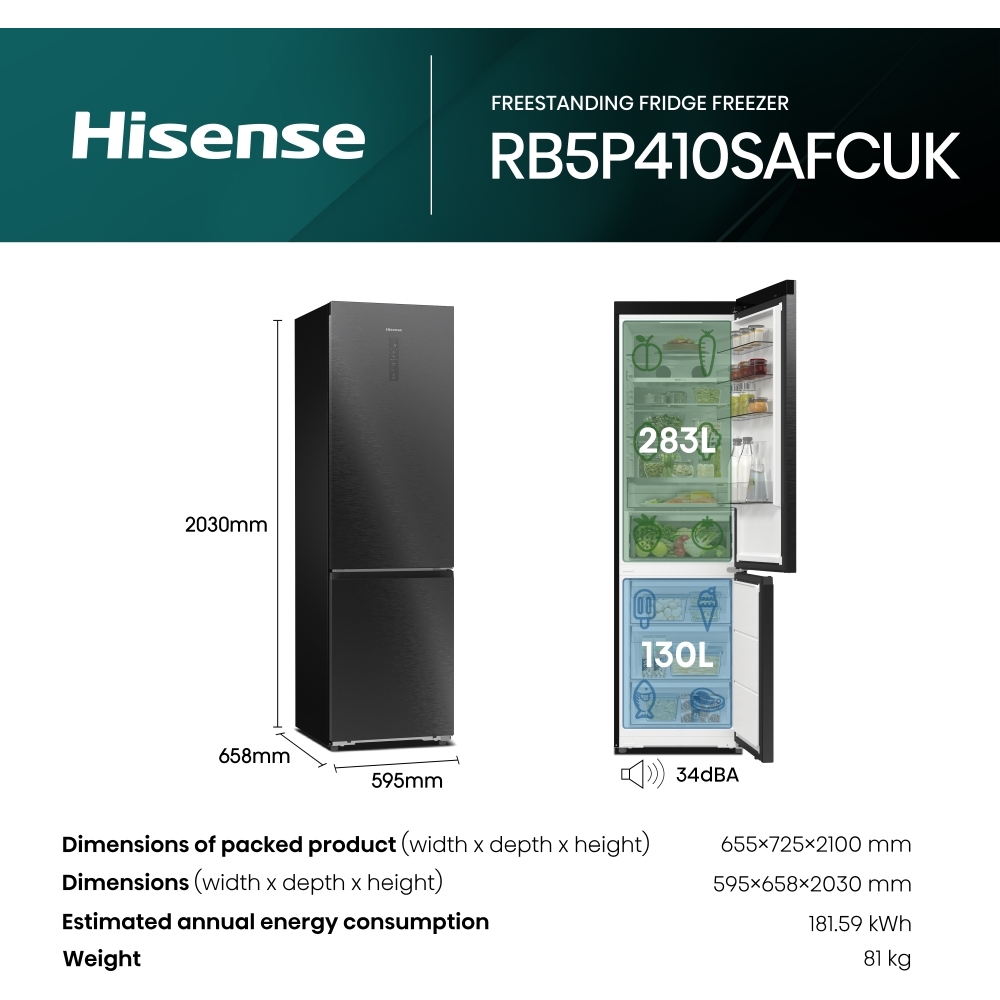 Hisense RB5P410SAFCUK Total No Frost Fridge Freezer, 70/30, Black, C Rated